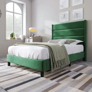 Gestoffeerd bed 90x200cm, fluweel donkergroen, modern design, met lattenbodem en hoofdbord.