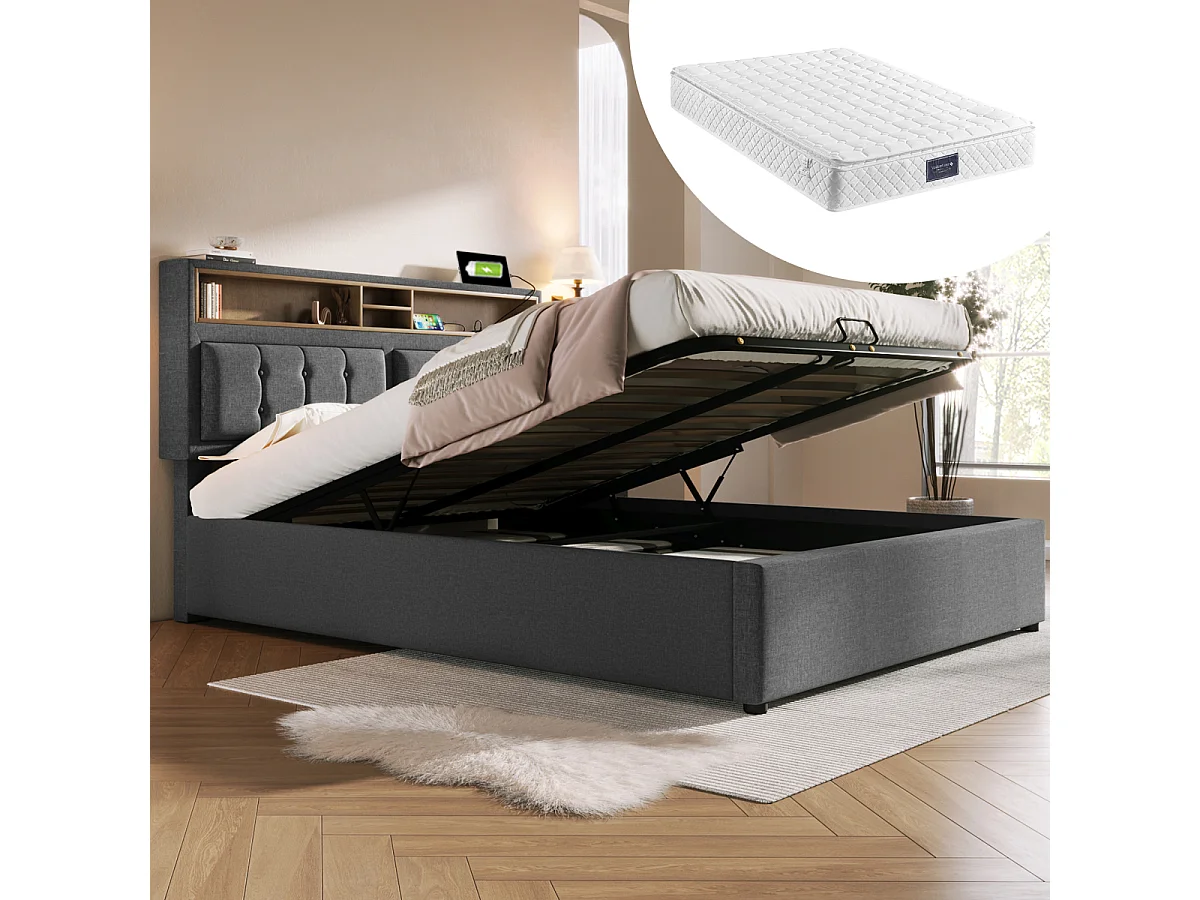 Gestoffeerd bed 140x200 met USB-C, oplaadfunctie en opbergruimte, inclusief lattenbodem en matras.