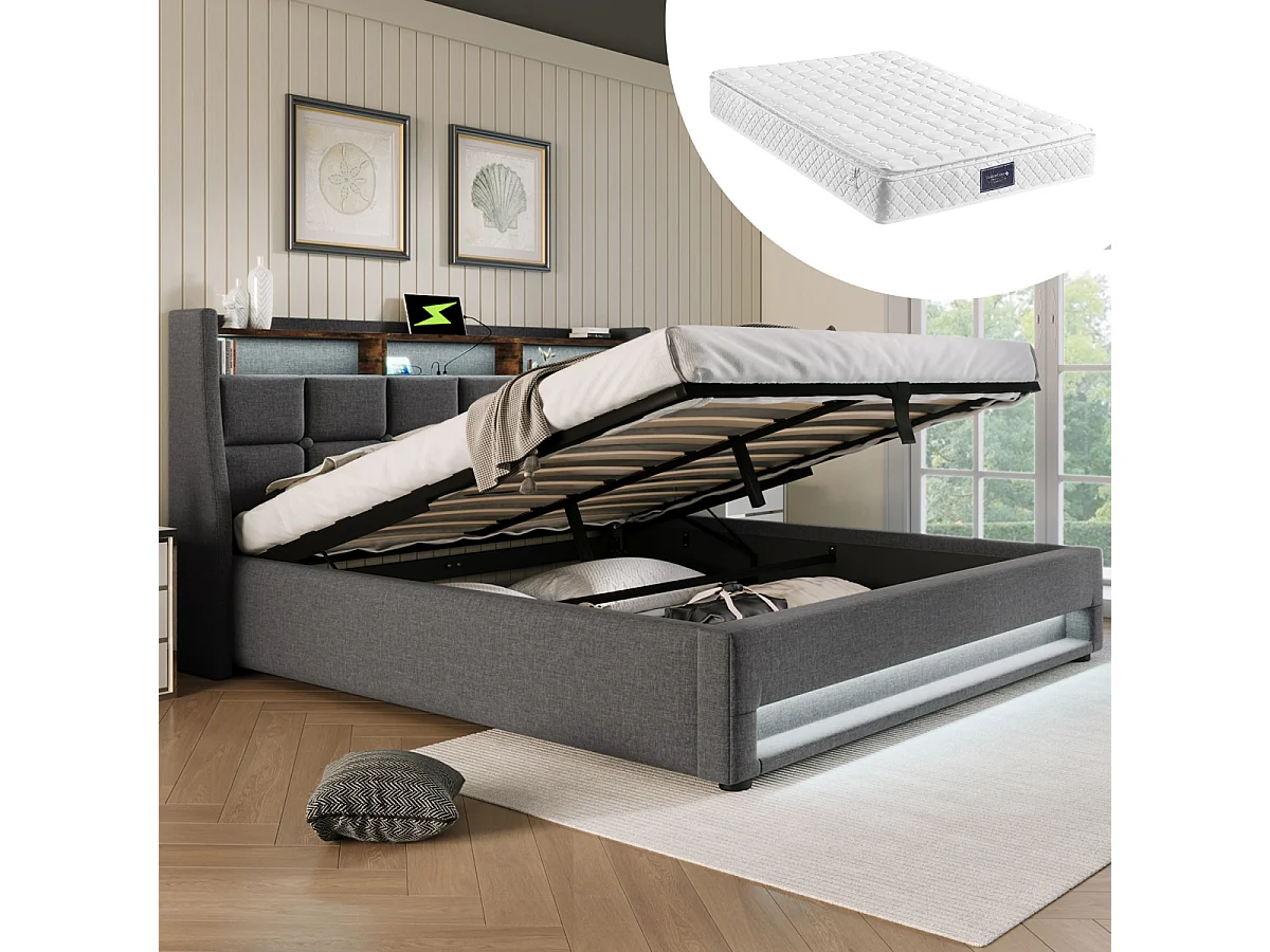 Gestoffeerd bed met USB, 140x200cm, LED tweepersoonsbed met lattenbodem (met matras)