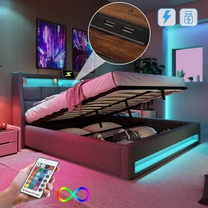 Gestoffeerd bed met USB, LED, lattenbodem, metalen frame, 140x200cm, linnen (zonder matras) Gestoffeerd bed met USB, LED, lattenbodem, metalen frame, 140x200cm, linnen (zonder matras)