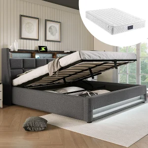 Gestoffeerd bed met USB 160x200cm, LED tweepersoonsbed met lattenbodem en metalen frame (met matras) Gestoffeerd bed met USB 160x200cm, LED tweepersoonsbed met lattenbodem en metalen frame (met matras)