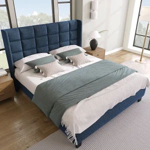 Gestoffeerd tweepersoonsbed, 140x200cm, blauw linnen, medium-firm (zonder matras) Gestoffeerd tweepersoonsbed, 140x200cm, blauw linnen, medium-firm (zonder matras)