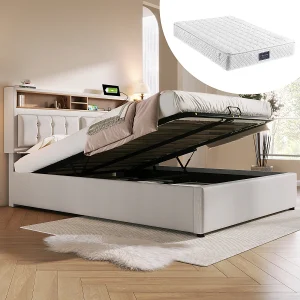 Gestoffeerd bed 140×200 met USB-C, oplaadfunctie en opbergruimte, inclusief lattenbodem en matras. Gestoffeerd bed 140×200 met USB-C, oplaadfunctie en opbergruimte, inclusief lattenbodem en matras.