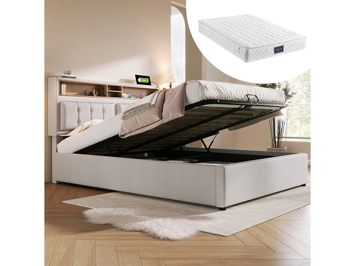 Gestoffeerd bed 140x200 met USB-C, oplaadfunctie en opbergruimte, inclusief lattenbodem en matras.