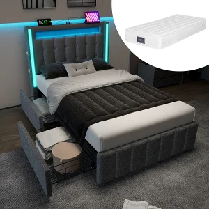 Gestoffeerd bed met USB, LED, 2 lades, 90x200cm, grijs (met matras) Gestoffeerd bed met USB, LED, 2 lades, 90x200cm, grijs (met matras)