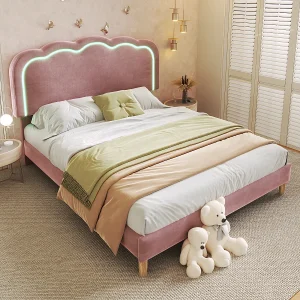 Gestoffeerd bed 140x200cm roze fluweel met LED en verstelbaar hoofdeinde. Gestoffeerd bed 140x200cm roze fluweel met LED en verstelbaar hoofdeinde.