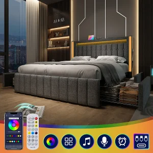Gestoffeerd bed 140x200cm grijs met USB, LED & 4 lades (zonder matras) Gestoffeerd bed 140x200cm grijs met USB, LED & 4 lades (zonder matras)