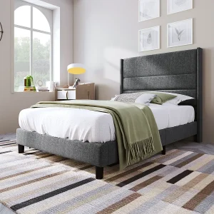 Gestoffeerd bed 90x200cm, grijs linnen, tijdloos modern design, met lattenbodem en hoofdbord.