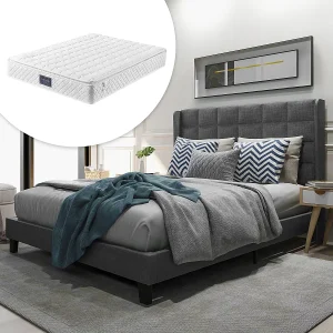 Grijs linnen gestoffeerd tweepersoonsbed met springverenmatras, 140x200cm