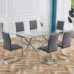 Grijze cantileverstoelen (set van 4) – chroom frame, kunstleer, draagvermogen 120 kg Grijze cantileverstoelen (set van 4) – chroom frame, kunstleer, draagvermogen 120 kg