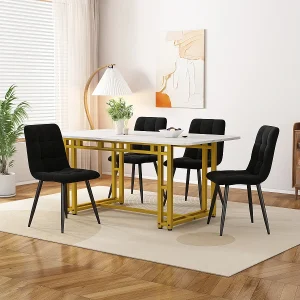 Gouden eettafelset (120x70cm) met 4 zwarte fluwelen stoelen. Gouden eettafelset (120x70cm) met 4 zwarte fluwelen stoelen.