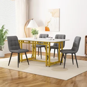 Gouden eettafelset (120x70cm) met 4 donkergrijze linnen stoelen en gouden ijzeren poten. Gouden eettafelset (120x70cm) met 4 donkergrijze linnen stoelen en gouden ijzeren poten.