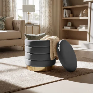 Gestoffeerde Fluwelen Poef met Opbergruimte LUNA 40 cm / Gestoffeerde Poef / Ronde Poef / Woonkamerstoel / Opbergkruk Wonen / Grafiet Gestoffeerde Fluwelen Poef met Opbergruimte LUNA 40 cm / Gestoffeerde Poef / Ronde Poef / Woonkamerstoel / Opbergkruk Wonen / Grafiet