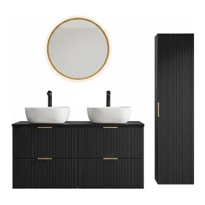 Grote NOXERA onderbouwmeubel 120 cm – Mat zwart – 2 wastafels + LED spiegel + kolom Grote NOXERA onderbouwmeubel 120 cm – Mat zwart – 2 wastafels + LED spiegel + kolom