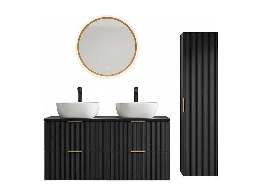 Grote NOXERA onderbouwmeubel 120 cm - Mat zwart - 2 wastafels + LED spiegel + kolom