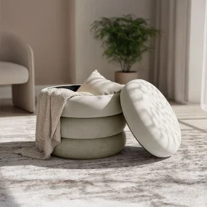 Gestoffeerde Fluwelen Poef met Opbergruimte SNUGGO 42 cm / Gestoffeerde Poef / Ronde Poef / Woonkamerstoel / Opbergkruk Wonen / Crèmekleur Gestoffeerde Fluwelen Poef met Opbergruimte SNUGGO 42 cm / Gestoffeerde Poef / Ronde Poef / Woonkamerstoel / Opbergkruk Wonen / Crèmekleur