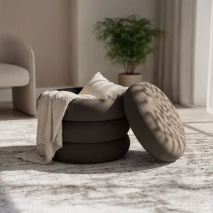 Gestoffeerde Fluwelen Poef met Opbergruimte SNUGGO 42 cm / Gestoffeerde Poef / Ronde Poef / Woonkamerstoel / Opbergkruk Wonen / Bruin Gestoffeerde Fluwelen Poef met Opbergruimte SNUGGO 42 cm / Gestoffeerde Poef / Ronde Poef / Woonkamerstoel / Opbergkruk Wonen / Bruin