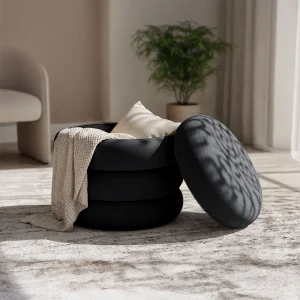 Gestoffeerde Fluwelen Poef met Opbergruimte SNUGGO 42 cm / Gestoffeerde Poef / Ronde Poef / Woonkamerstoel / Opbergkruk Wonen / Zwart Gestoffeerde Fluwelen Poef met Opbergruimte SNUGGO 42 cm / Gestoffeerde Poef / Ronde Poef / Woonkamerstoel / Opbergkruk Wonen / Zwart