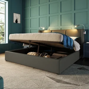 Grijs PU-opbergbed van 160×200 cm – Volwassenenbed met leeslamp en USB-poort (inclusief matras)