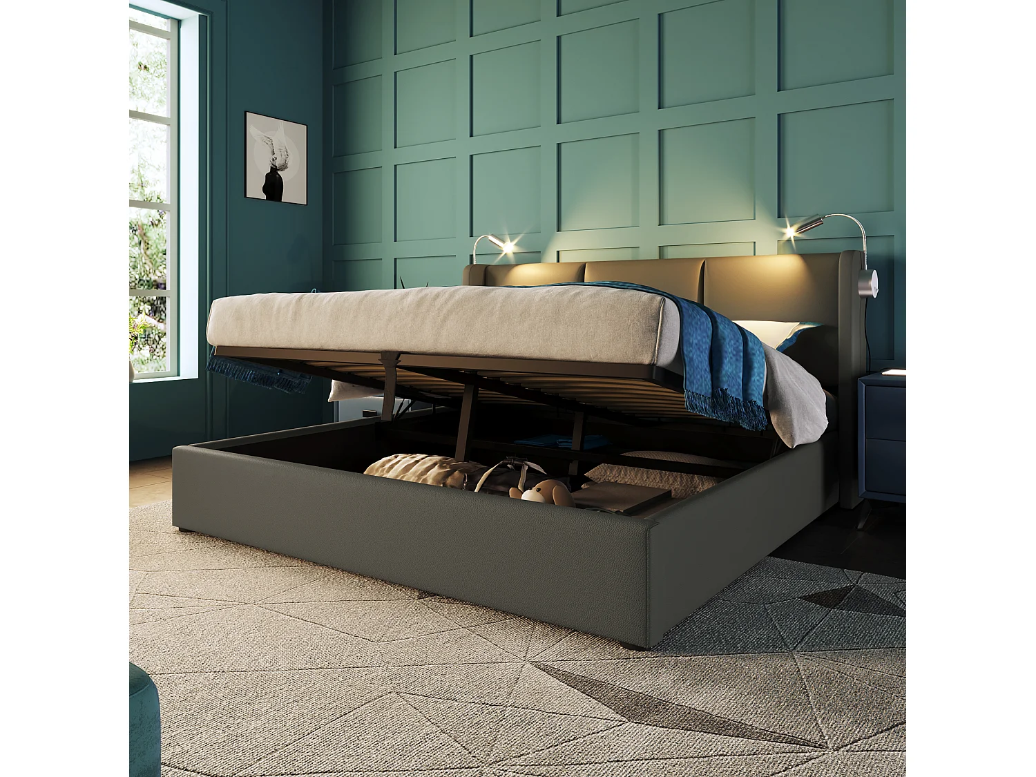 Grijs PU-opbergbed van 160x200 cm - Volwassenenbed met leeslamp en USB-poort (inclusief matras)
