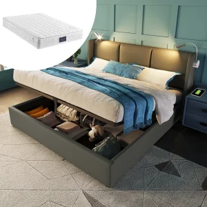 Grijs PU-opbergbed van 140×200 cm – Volwassenenbed met leeslamp en USB-poort (inclusief matras)