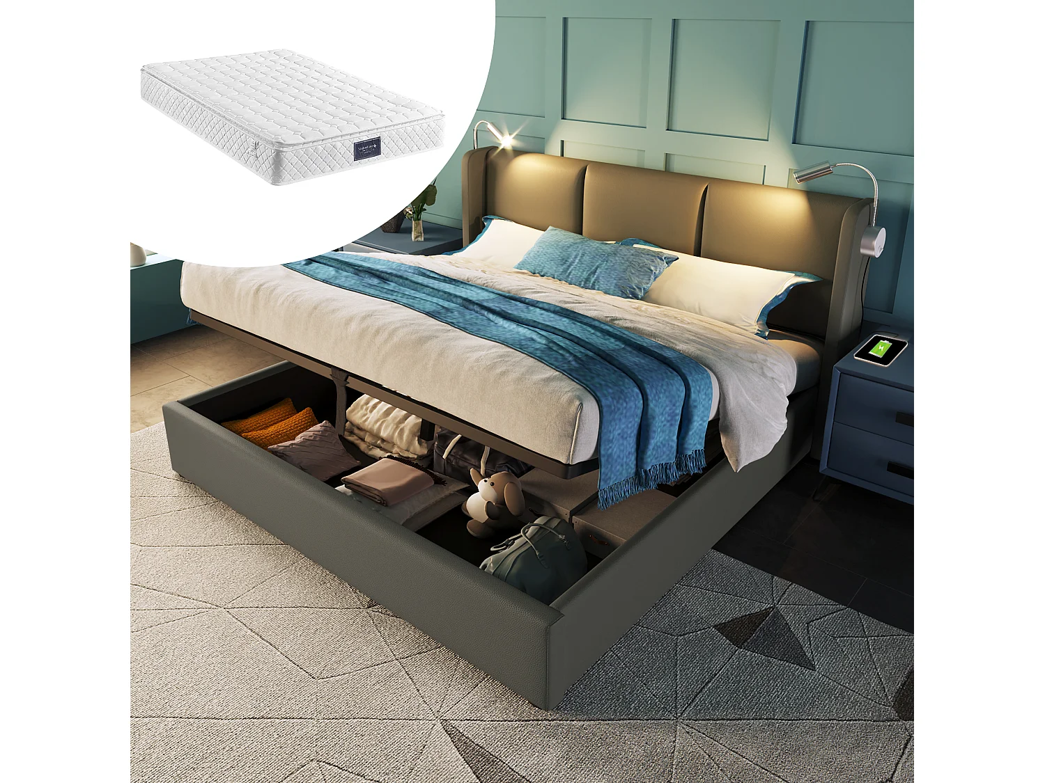 Grijs PU-opbergbed van 140x200 cm - Volwassenenbed met leeslamp en USB-poort (inclusief matras)