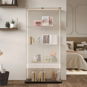 Glazen vitrinekast met LED-strips, tentoonstellingskast, 2 afsluitbare deuren, 4 schappen, 163 x 78,5 x 35 cm, zwart Glazen vitrinekast met LED-strips, tentoonstellingskast, 2 afsluitbare deuren, 4 schappen, 163 x 78,5 x 35 cm, zwart