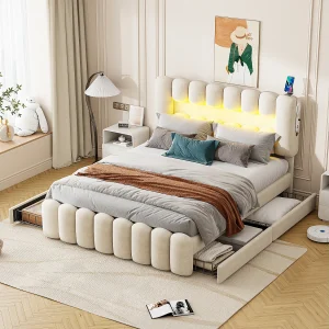 Gestoffeerd bed 160 x 200 cm met 4 lades – LED-verlichting en USB-poorten – Fluweel – Lattenbodem – Beige (matras niet inbegrepen) Gestoffeerd bed 160 x 200 cm met 4 lades – LED-verlichting en USB-poorten – Fluweel – Lattenbodem – Beige (matras niet inbegrepen)
