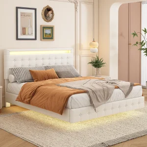 Gestoffeerd bed 140 x 200 cm, zwevend bed met hoofdbord – PU-leer – LED-verlichting – Lattenbodem – Wit Gestoffeerd bed 140 x 200 cm, zwevend bed met hoofdbord – PU-leer – LED-verlichting – Lattenbodem – Wit