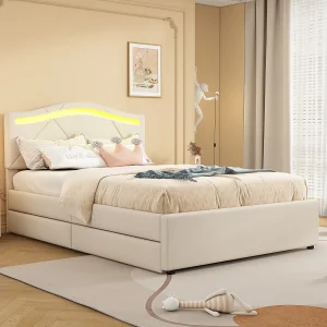 Gestoffeerd bed – 90 x 200 cm – met verstelbaar hoofdeinde en 2 lades – linnen stof – LED-verlichting – beige kleur