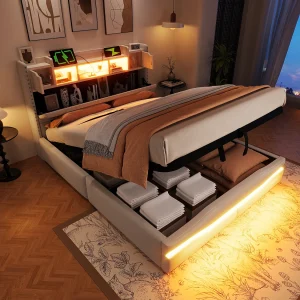 Gestoffeerd opbergbed – 140 x 200 cm – met USB-C + LED-verlichting – hoofdbord met opbergruimte – linnen + MDF – beige Gestoffeerd opbergbed – 140 x 200 cm – met USB-C + LED-verlichting – hoofdbord met opbergruimte – linnen + MDF – beige