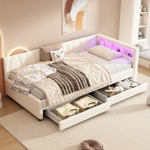 Gestoffeerd bed 90 x 200 cm met hoofdbord en 2 lades – LED-verlichting, USB-aansluiting + Type-C-aansluiting – Linnen stof – Beige (matras niet inbegrepen)