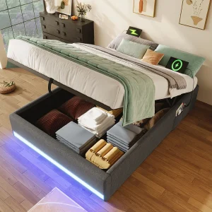 Gestoffeerd opbergbed – 90 x 200 cm – met LED's + USB + Type-C – zonder hoofdbord – linnen + MDF – grijs Gestoffeerd opbergbed – 90 x 200 cm – met LED's + USB + Type-C – zonder hoofdbord – linnen + MDF – grijs