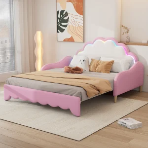 Uitschuifbaar gestoffeerd bed 140 x 200 cm met hoofdbord – LED-verlichting – PU-leer – Roze