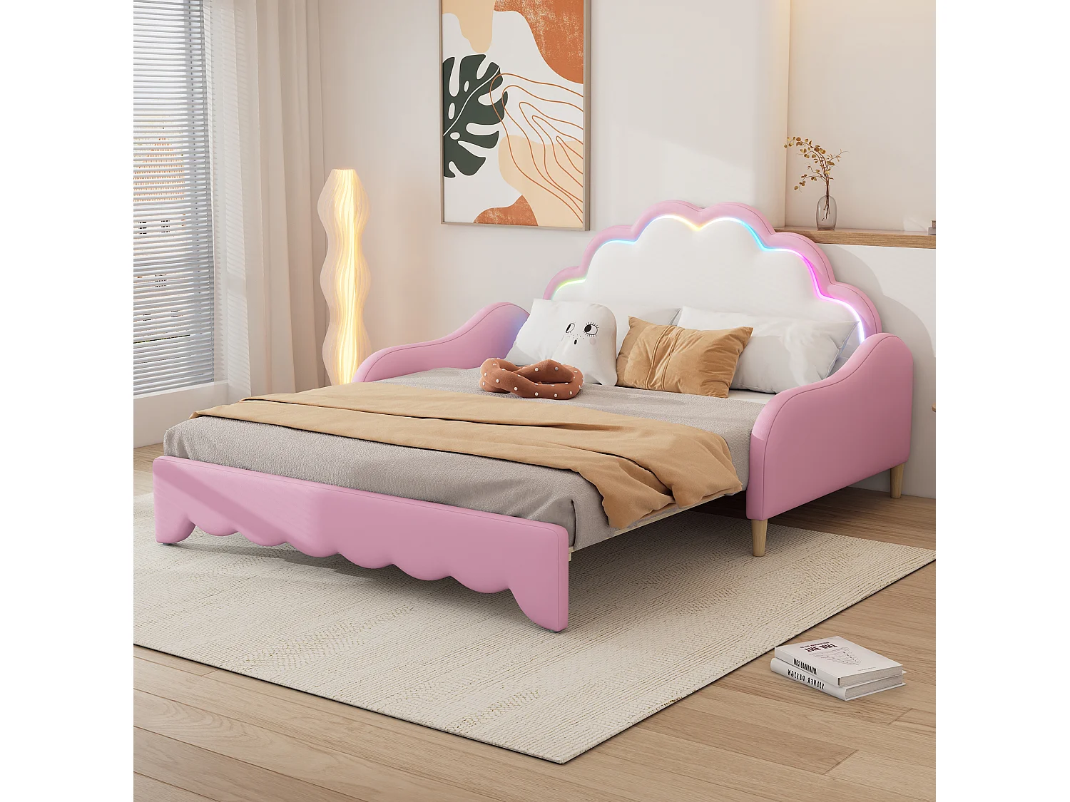 Uitschuifbaar gestoffeerd bed 140 x 200 cm met hoofdbord - LED-verlichting - PU-leer - Roze