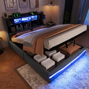 Gestoffeerd opbergbed – 140 x 200 cm – met USB-C + LED-verlichting – hoofdbord met opbergruimte – linnen + MDF – grijs Gestoffeerd opbergbed – 140 x 200 cm – met USB-C + LED-verlichting – hoofdbord met opbergruimte – linnen + MDF – grijs