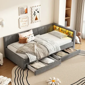 Gestoffeerd bed 90 x 200 cm met hoofdbord en 2 lades – LED-verlichting, USB-aansluiting + Type-C-aansluiting – Linnen stof – Grijs (matras niet inbegrepen)