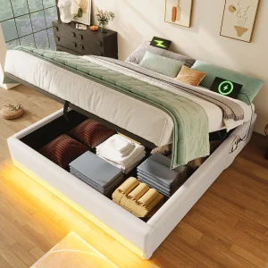 Gestoffeerd opbergbed – 140 x 200 cm – met LED's + USB + Type-C – zonder hoofdbord – linnen + MDF – beige Gestoffeerd opbergbed – 140 x 200 cm – met LED's + USB + Type-C – zonder hoofdbord – linnen + MDF – beige