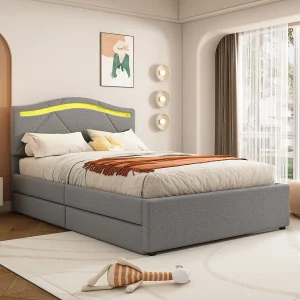Gestoffeerd bed – 90 x 200 cm – met verstelbaar hoofdeinde en 2 lades – linnen stof – LED-verlichting – grijze kleur