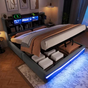 Gestoffeerd opbergbed – 160 x 200 cm – met USB-C + LED-verlichting – hoofdbord met opbergruimte – linnen + MDF – grijs Gestoffeerd opbergbed – 160 x 200 cm – met USB-C + LED-verlichting – hoofdbord met opbergruimte – linnen + MDF – grijs
