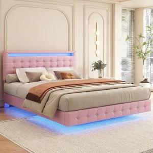 Gestoffeerd bed 140 x 200 cm, zwevend bed met hoofdbord – PU-leer – LED-verlichting – Lattenbodem – Roze Gestoffeerd bed 140 x 200 cm, zwevend bed met hoofdbord – PU-leer – LED-verlichting – Lattenbodem – Roze
