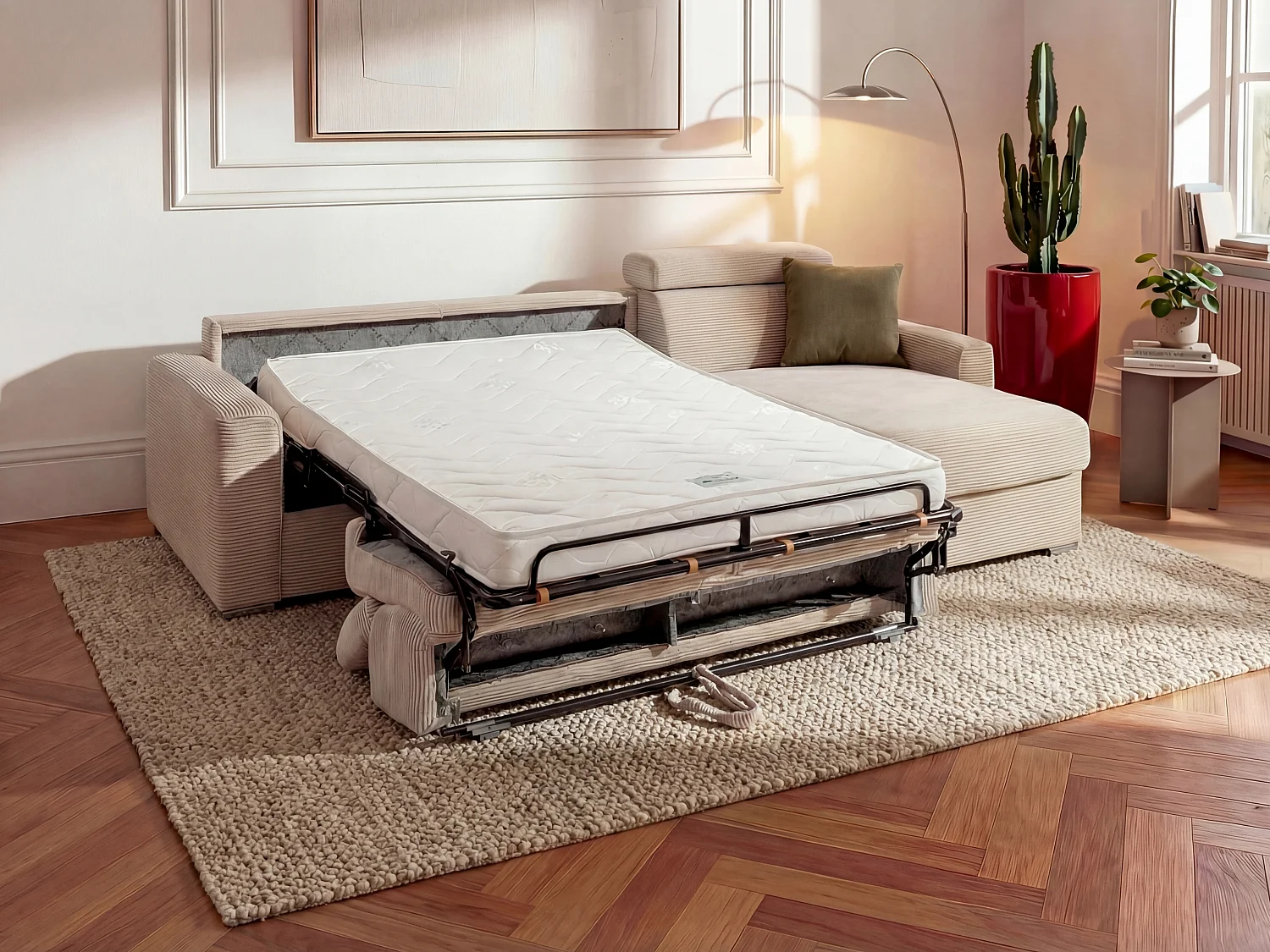 Hoekbank, omkeerbaar, express, van geribbeld beige fluweel - Lattenbodem 160 cm - VIZIR