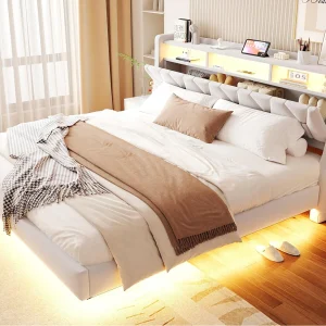 Gestoffeerd volwassen bed 180×200 cm – Opslaand hoofdeinde – Stopcontact – LED-verlichting – Fluweel stof – beige (matras niet inbegrepen) Gestoffeerd volwassen bed 180×200 cm – Opslaand hoofdeinde – Stopcontact – LED-verlichting – Fluweel stof – beige (matras niet inbegrepen)