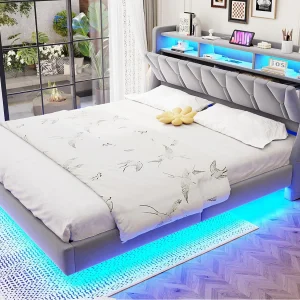 Gestoffeerd volwassen bed 180×200 cm – Opslaand hoofdeinde – Stopcontact – LED-verlichting – Fluweel stof – Grijs (matras niet inbegrepen) Gestoffeerd volwassen bed 180×200 cm – Opslaand hoofdeinde – Stopcontact – LED-verlichting – Fluweel stof – Grijs (matras niet inbegrepen)