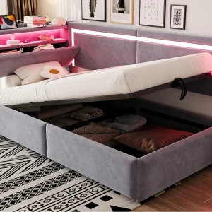 Gestoffeerde slaapbank 90x200cm – met LED-verlichting – met USB-poorten – fluweel stof – lichtgrijs (matras niet inbegrepen) Gestoffeerde slaapbank 90x200cm – met LED-verlichting – met USB-poorten – fluweel stof – lichtgrijs (matras niet inbegrepen)