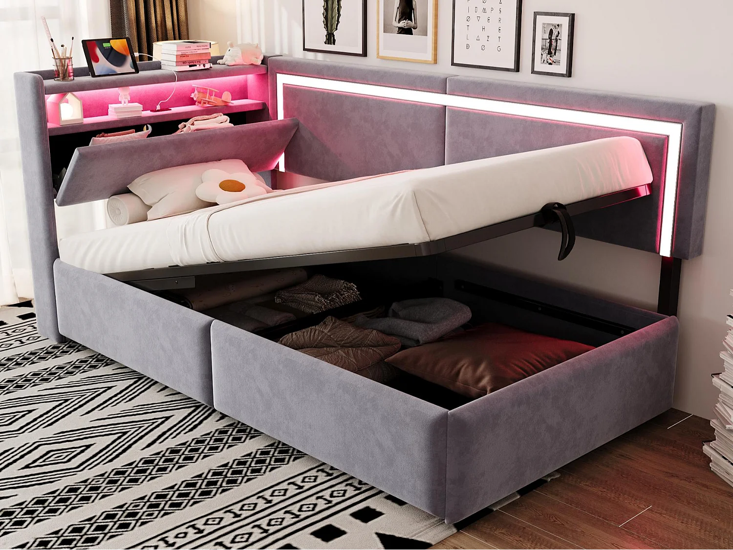 Gestoffeerde slaapbank 90x200cm - met LED-verlichting - met USB-poorten - fluweel stof - lichtgrijs (matras niet inbegrepen)