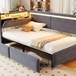 Gestoffeerde slaapbank 90×200 cm – met LED-verlichting en USB oplaadpoort – 2 lades – fluweel bekleding – donkergrijs Gestoffeerde slaapbank 90×200 cm – met LED-verlichting en USB oplaadpoort – 2 lades – fluweel bekleding – donkergrijs