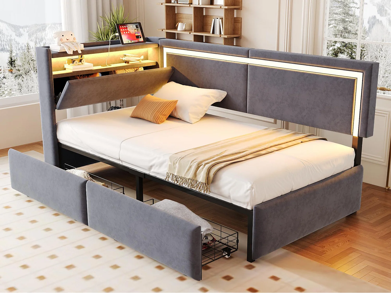Gestoffeerde slaapbank 90x200 cm - met LED-verlichting en USB oplaadpoort - 2 lades - fluweel bekleding - donkergrijs