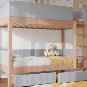 Gestoffeerd stapelbed 90x200cm – met 2 lades – anti-stoot schuim – met trap van 4 treden – hevea hout + MDF – Natuur+Grijs​ (zonder matras)
