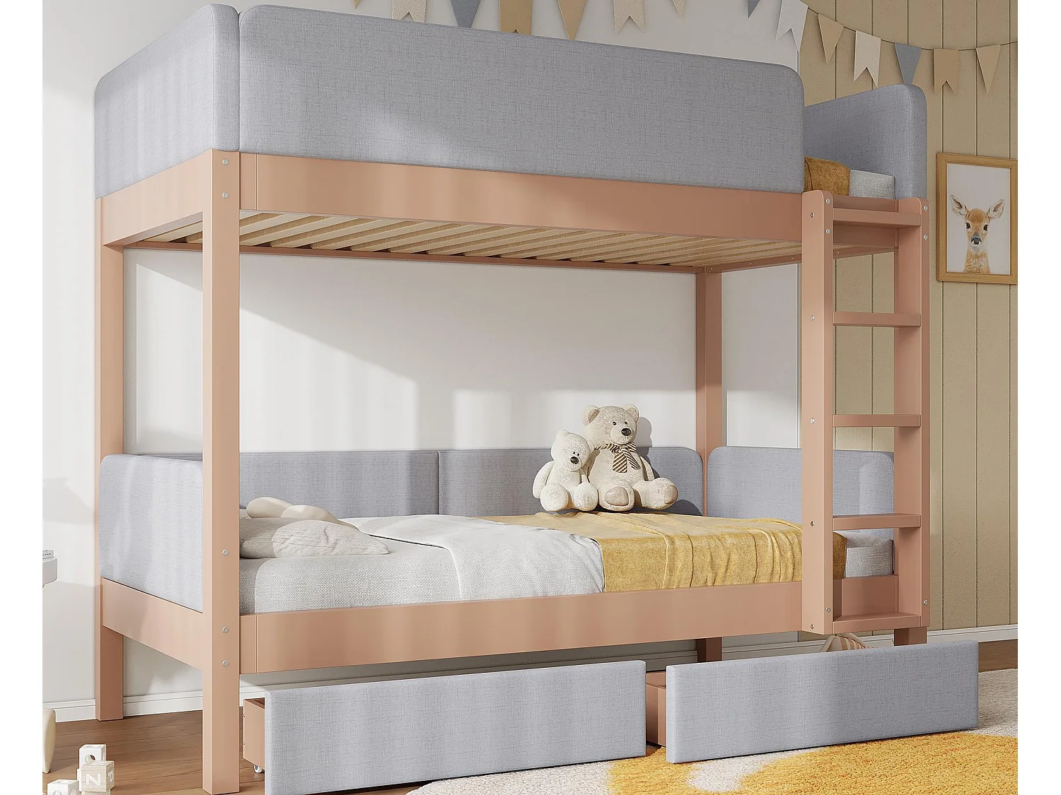 Gestoffeerd stapelbed 90x200cm - met 2 lades - anti-stoot schuim - met trap van 4 treden - hevea hout + MDF - Natuur+Grijs (zonder matras)
